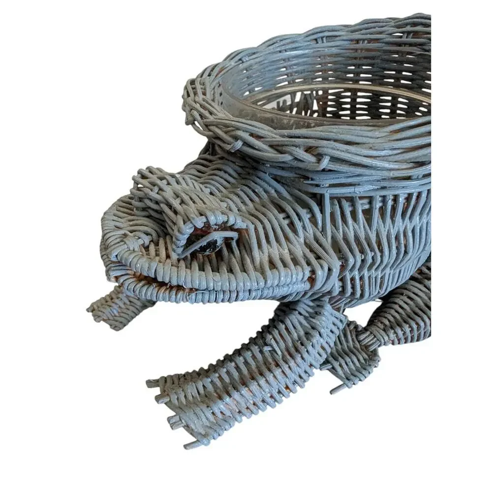 Vintage Wicker Frog Basket Planter with Marble Eyes Blue Cottagecore Farm Small